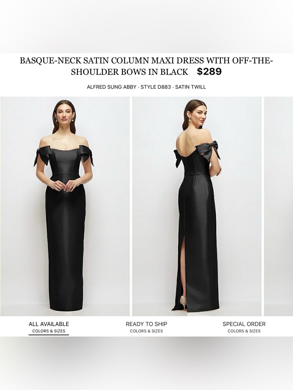 ALFRED SUNG Black Off-Shoulder Satin Column Maxi with Shoulder Bows